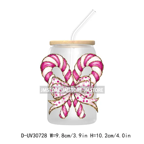 Colorful Coquette Glitter Bow Candy Cane Christmas UV DTF Transfer Stickers Decals For Libbey Cold Cups Mugs Tumbler Waterproof