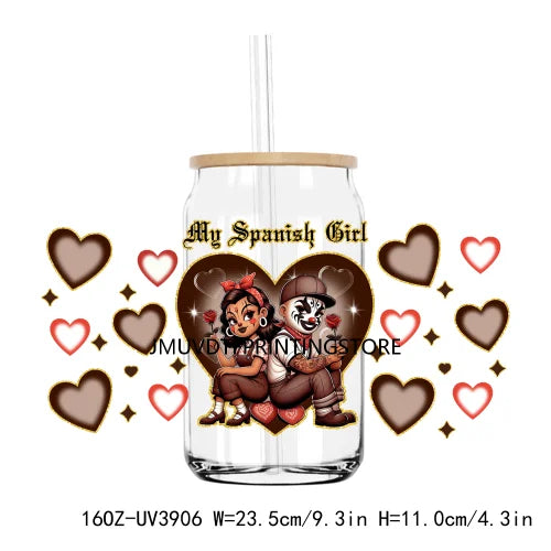 Chicano La Sad Girl Couple 16OZ UV DTF Cup Wrap Transfer Stickers Custom Labels DIY Waterproof Logo For Libbey Glass Can Hearts