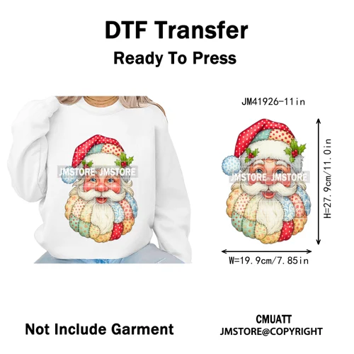 Merry and Bright Coquette Patchwork Santa Christmas Holiday Season Iron on DTF Heat Transfer Stickers Ready to Press for Hoodies