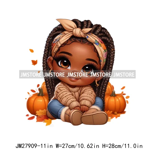 New Autumn Chibi Black Baby Girls Cartoon Afro Princess Pumpkin Fall Season DTF Iron On Heat Press Transfer Stickers For Hoodies