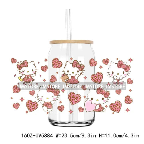 Flower Cartoon Cat With Pink Bow 16OZ UV DTF Cup Wrap Transfer Sticker Custom Label Durable Waterproof Logo For Libbey Glass Can