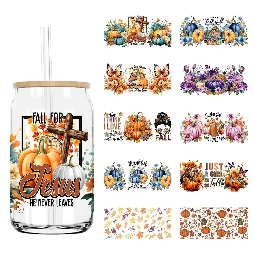 Fall Autumn Pumpkin Flower 16OZ UV DTF Cup Wrap Transfer Stickers Custom Labels DIY Durable Waterproof Logo For Libbey Glass Can