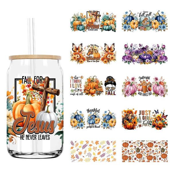 Fall Autumn Pumpkin Flower 16OZ UV DTF Cup Wrap Transfer Stickers Custom Labels DIY Durable Waterproof Logo For Libbey Glass Can