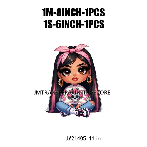 Pink Bow Long Hair Chibi Cute Chicana Doll Girls With Earing Washable Iron On DTF Transfers Stickers Designs For Sweatshirt