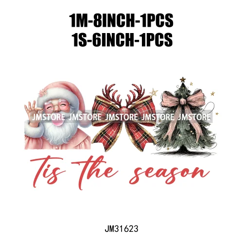 Tis The Season Blowing Bubble Santa Claus Coquette Bow Tree Christmas Iron On DTF Transfers Stickers Ready To Press For Hoodies