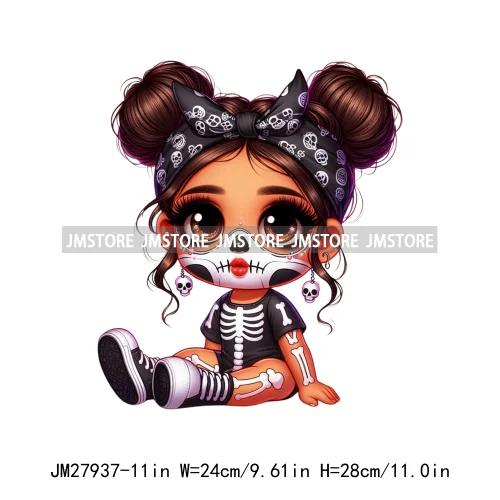 Halloween Skeleton Latina Baby Chibi Hispanic Girls Spooky Season DTF Iron On Transfers Stickers Ready To Press For Clothing