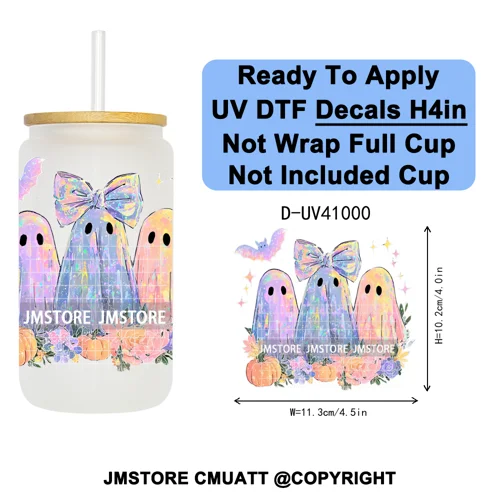 Iridescent Ghost Pumpkin Coquette Halloween UV DTF Transfer Stickers Decals Ready To Apply Waterproof For 16OZ Libbey Glass Can