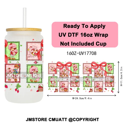 90s Cartoon Strawberry Characters Coquette Bow 16OZ UV DTF Cup Wraps Ready To Apply Transfer Stickers For Libbey Glass Can Mugs