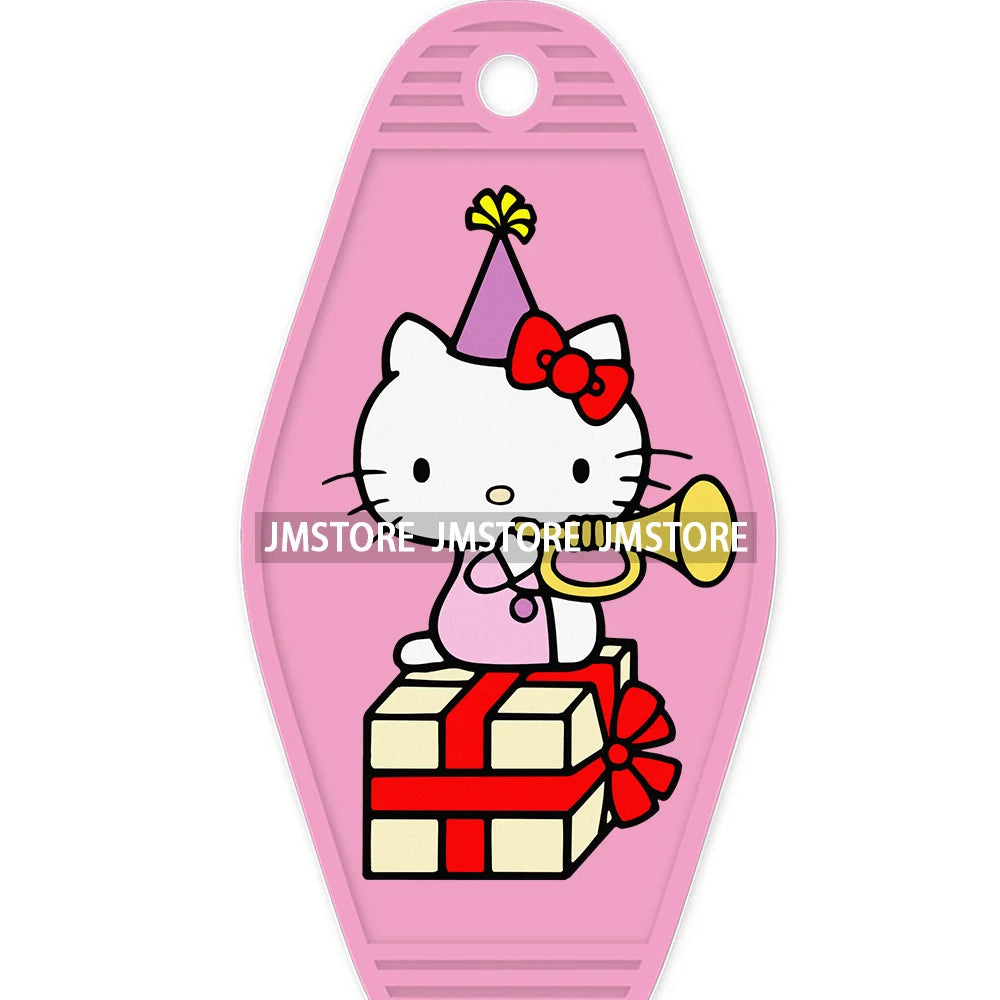 Cute Cartoon Pink Hello Cat With Bow Flower High Quality WaterProof UV DTF Sticker For Motel Hotel Keychain Labels DIY Logo