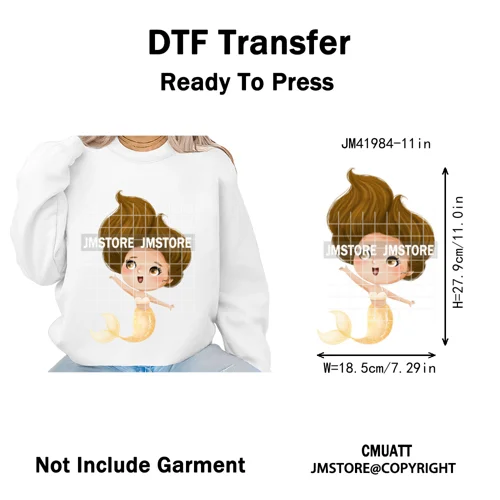 Cute Winter Christmas Girls Baby Mermaid Kids Cartoon Character Iron on DTF Washable Transfers Stickers Ready to Press for Texti