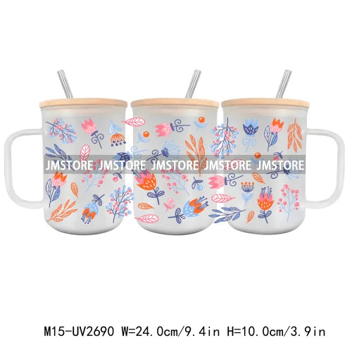 Floral Wildflowers Plants Butterfly UV DTF Glass Can Wrap For 15OZ Mug Coffee Cup Transfer Stickers DIY Custom Logo Labels