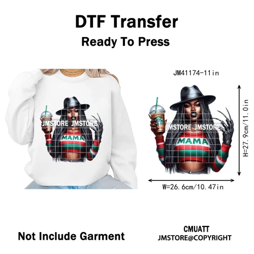 Horror Halloween Character Afro Coffee Killer Bad Mama Club Iron on Washable DTF Transfers Stickers Ready to Press for Clothing