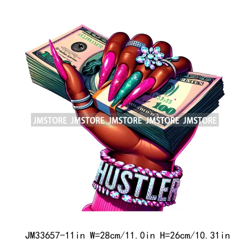 Hustler Hands Fingernails Manicure Money Stack Rich Boss Black Woman Iron On DTF Transfers Stickers Ready To Press For Clothes