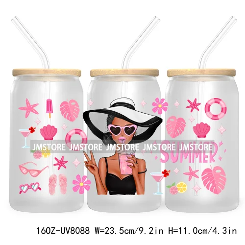 Hot Girl Summer Lady UV DTF Sticker For 16OZ Libbey Glass Cup Can Wrap Transfer Stickers Custom Labels DIY Logo Woman With Hat