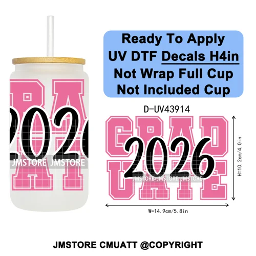 Girly University Graduation 2026 UV DTF Decals Ready To Apply Waterproof Transfer Stickers DIY Crafts For 16OZ Libbey Glass Can