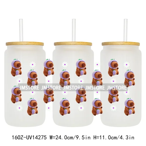 Cute Capybara Flower Heart UV DTF Wraps Transfer Sticker Selfadhesive Waterproof High Quality For 16OZ Libbey Glass Can Tumbler