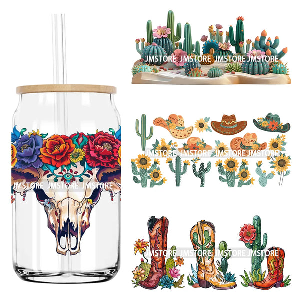 Boho Western Country Cowboy Skull Vibes UV DTF Sticker For 16OZ Libbey Glass Cup Can Wrap Transfer Sticker Custom Label DIY Logo