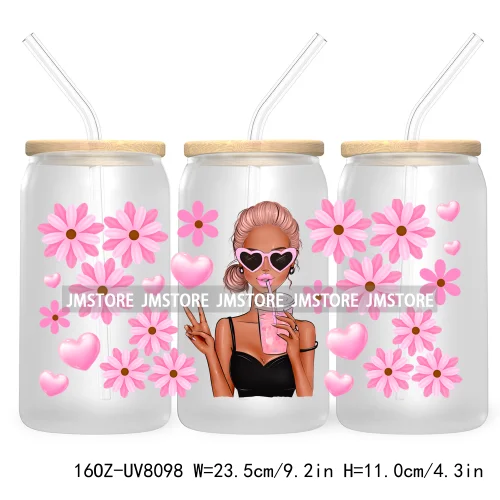 Woman With Bubble Gum Pink UV DTF Sticker For 16OZ Libbey Glass Cup Can Wrap Transfer Stickers Custom Labels DIY Logo Messy Bun