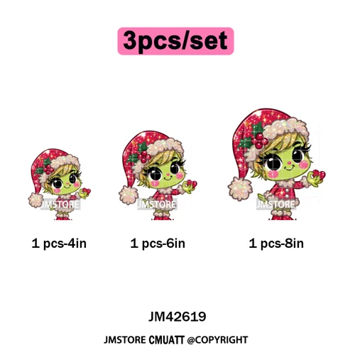 Faux Glitter Cartoon Christmas Movie Green Santa Kid Girly Xmas Iron on DTF Washable Transfer Sticker Ready to Press for Textile