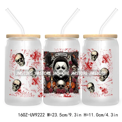 Horror Characters 16OZ UV Cup Wrap DTF Transfer Stickers For Libbey Glass Can Cups Tumbler Waterproof Labels Halloween Skull