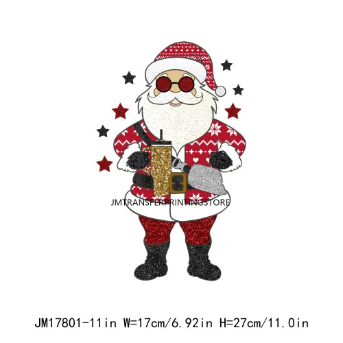 Faux Sequins Happy New Year 2024 Printing Santa Baby Reindeer Merry Christmas DTF Transfer Stickers Ready To Press For Hoodies