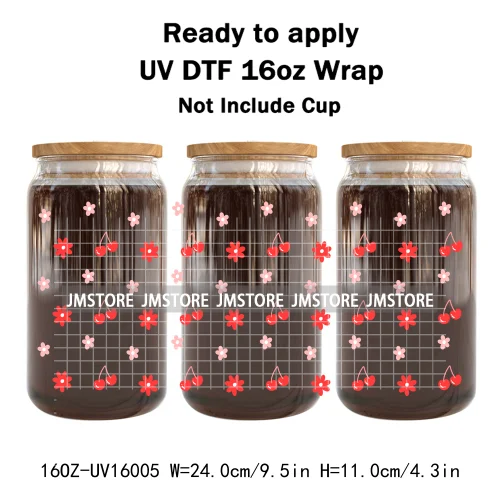 Floral Coquette Bow Strawberry Lemon Bookish UV DTF Wraps Transfer Sticker Waterproof Logo For 16OZ Libbey Glass Can Tumbler
