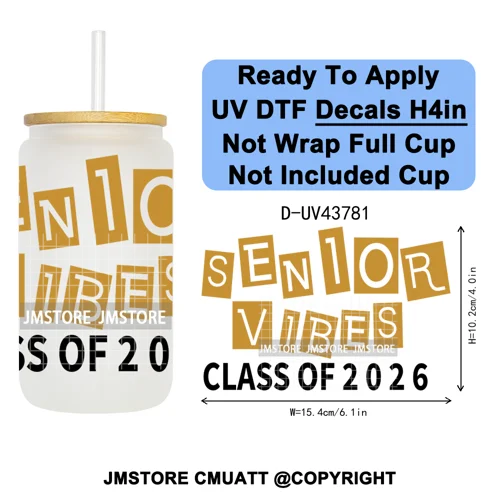 Fresh Class Of 2026 Senior Edition UV DTF Decals Ready To Apply Waterproof Transfer Stickers DIY Craft For 16OZ Libbey Glass Can