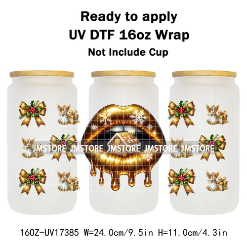 Colorful Christmas Lips Holiday Gifts Xmas Balls UV DTF Wraps Transfer Sticker Waterproof Logo For 16OZ Libbey Glass Can Tumbler