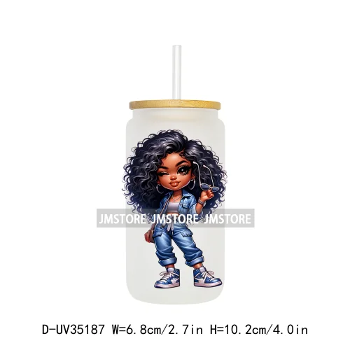 Fashion Black Chibi Denim Girl UV DTF Transfer Stickers Decals Ready To Apply Waterproof For 16OZ Libbey Glass Can Cup Tumbler