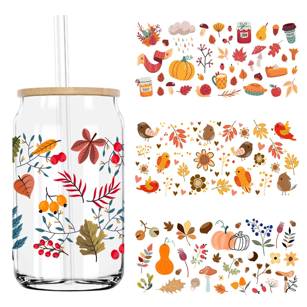 Birds With Autumn Leaves UV DTF Sticker For 16OZ Libbey Glass Cup Can Wrap Transfer Sticker Custom Labels DIY Logo Fall Pumpkin