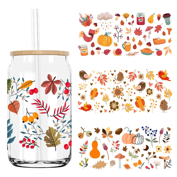 Birds With Autumn Leaves UV DTF Sticker For 16OZ Libbey Glass Cup Can Wrap Transfer Sticker Custom Labels DIY Logo Fall Pumpkin