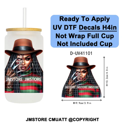 Scary Movie Character Afro Girls Halloween UV DTF Transfer Stickers Decals Ready To Apply Waterproof For 16OZ Libbey Glass Can
