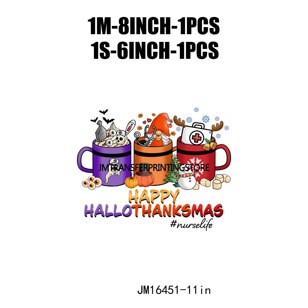 Eat Drink And Be Thankful Hallothanksmas Decals Santa Gnome Coffee Cup Animal Pumpkin Iron On DTF Transfer Sticker For Clothing