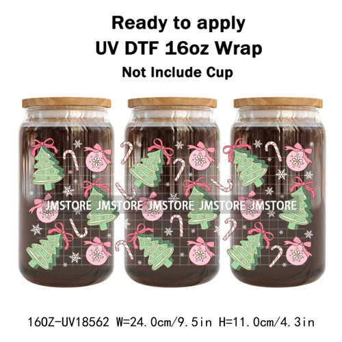 Preppy Christmas Candy Cane Xmas Tree UV DTF Cup Wrap Ready To Apply Transfer Stickers 16OZ Tumbler Wraps For Libbey Glass Can