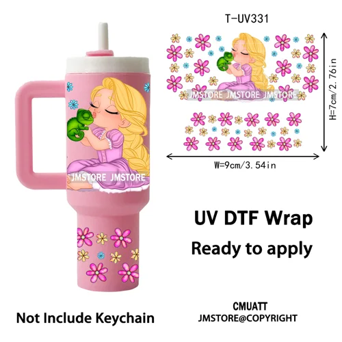 Watercolor Little Girl Cartoon Princess Flowers UV DTF Wraps Ready To Use Transfer Stickers Waterproof For Mini Tumbler Keychain