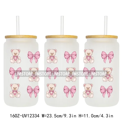 Girly Coquette Bows Heart Pink 16OZ UV DTF Cup Wrap Transfer Stickers Custom Labels Durable Waterproof Logo For Libbey Glass Can