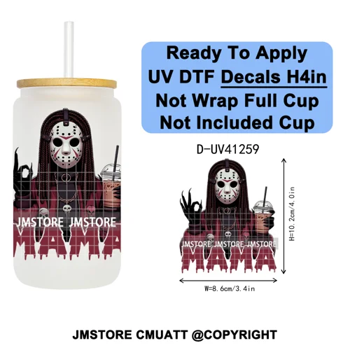 Black Girl Horror Characters Halloween Coffee UV DTF Transfer Sticker Decals Ready To Apply Waterproof For 16OZ Libbey Glass Can