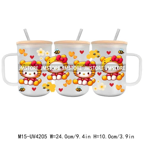 Cartoon Best Friends UV DTF Glass Can Wrap For 15OZ Mug Glass Cup Transfer Stickers DIY Custom Logo Labels Cute Cat Sunflowers