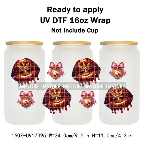 Coquette Bow Christmas Gift Lips UV DTF Stickers Xmas Season Candy Cane Ready To Transfer 16OZ Cup Wraps For Libbey Can Glass