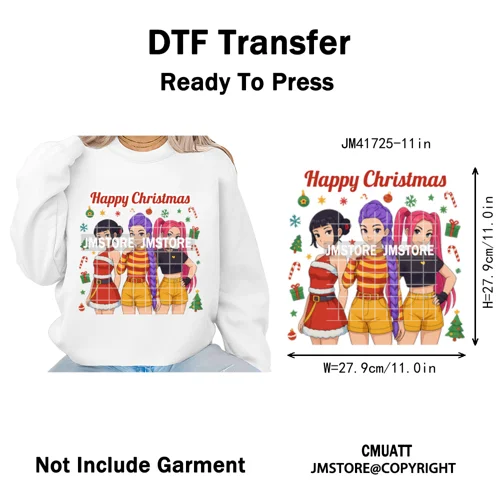 Holly Stars Gifts Happy Kpop Christmas Vibes Winter Holiday Iron on DTF Washable Transfers Stickers Ready to Press for Hoodies
