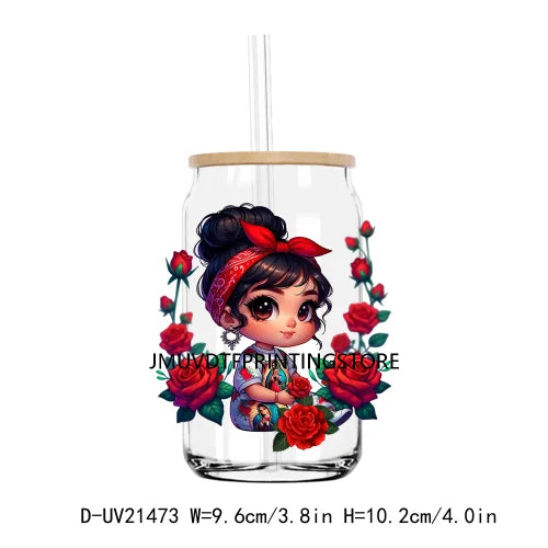 Chibi Cute Chicana Doll With Rose UV DTF Transfers Stickers Decals For Libbey Cold Cups Mugs Tumbler Mexico Waterproof DIY Logo