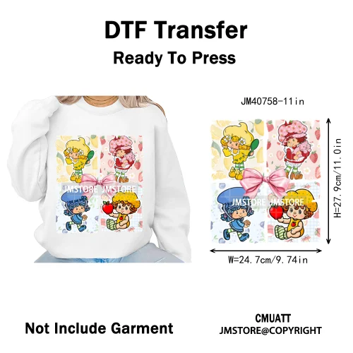 Sweet Strawberry Friends 80s Girl Cartoon Pink Coquette Bows Iron on DTF Washable Transfers Stickers Ready to Press for Clothing