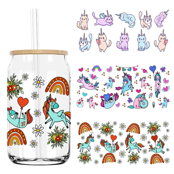 Rainbow Unicorn With Flowers 16OZ UV DTF Cup Wrap Transfers Stickers Custom Labels DIY Waterproof Logo For Libbey Glass Can