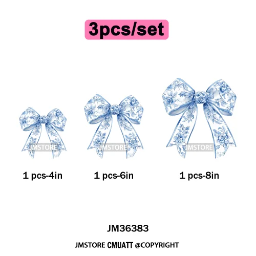 Blue And White Toile Chinoiserie Floral Coquette Bow Thermal Decals Iron on DTF Transfers Stickers Ready to Press for Clothing