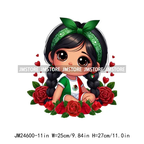 Cute Chibi Mexican Girl Designs Hispanic Red Rose Green Coquette Bow Latina Princess Iron On DTF Transfers Stickers For T-shirts