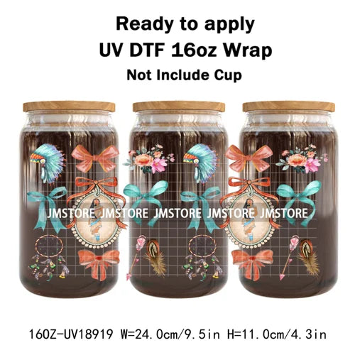 Coquette Bow Cartoon Princess Mirror UV DTF Cup Wrap Ready To Apply Transfer Stickers Waterproof Logo For 16OZ Libbey Glass Can