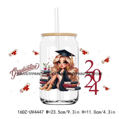 Chicano Graduation 2024 UV DTF Sticker For 16OZ Libbey Glass Cup Can Senior Girls Wrap Transfer Sticker Custom Labels DIY Logo