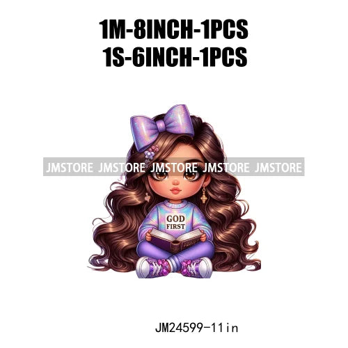 God First Chibi Cute Brown Hair Latina Dolls Baby Girls Coquette Bow Iron On DTF Transfer Stickers Ready To Press For Hoodies