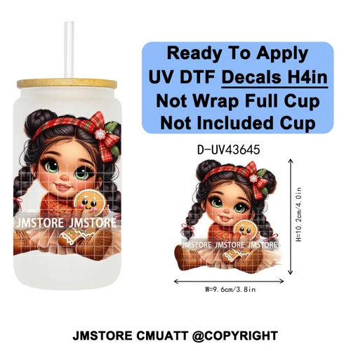 Chibi Cute Mexican Christmas Baby Girl UV DTF Decals Ready To Apply Waterproof Transfer Stickers For 16OZ Libbey Glass Can Mugs