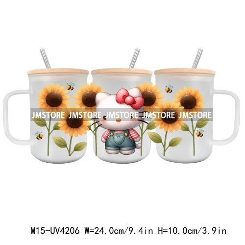 Cartoon Best Friends UV DTF Glass Can Wrap For 15OZ Mug Glass Cup Transfer Stickers DIY Custom Logo Labels Cute Cat Sunflowers